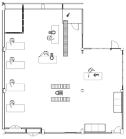 (Left) Layout of the physical lab in Västerås. (Right) Photo from inside the lab where different elements are shown.